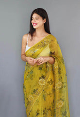 Light Embroidery Worked Yellow Pure Organza Saree